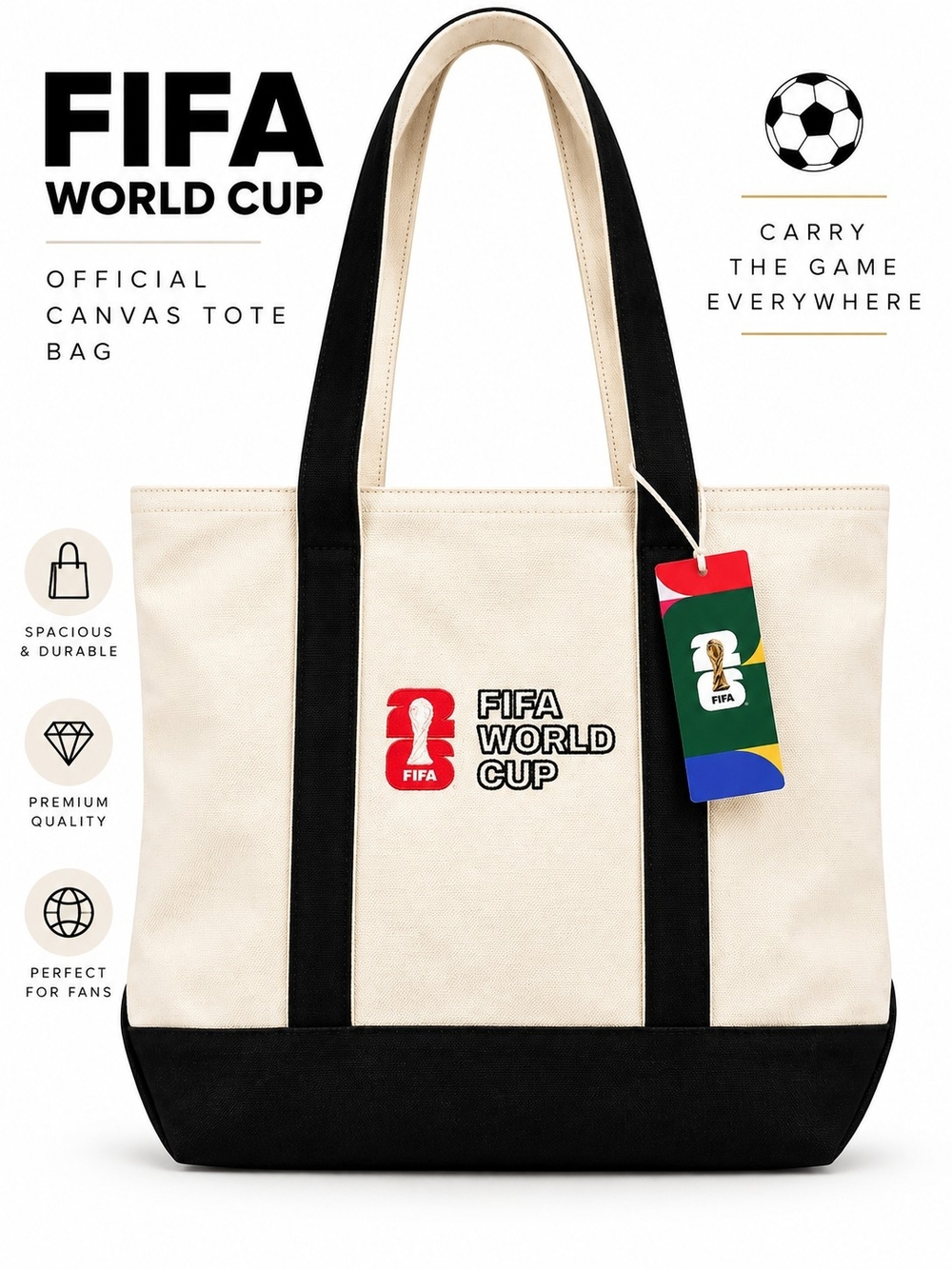 FIFA World Cup 2026 Tote Bag Cream Black Soccer Football NWT